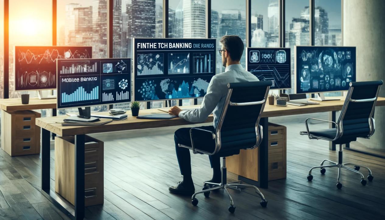 DALL·E 2024-05-17 15.25.43 - A financial analyst sitting at a desk in a modern office analyzing data on FinTech trends. The desk has multiple monitors showing charts, market data,