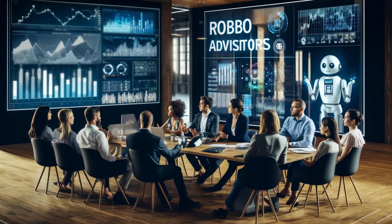 DALL·E 2024-05-17 17.36.03 - A diverse group of investors in a modern office discussing the pros and cons of robo-advisors in wealth management. Large screens display data and cha