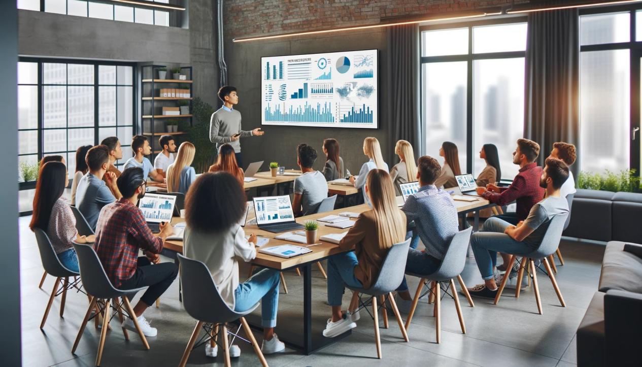 DALL·E 2024-05-17 17.25.57 - A diverse group of millennials in a modern office attending a financial literacy workshop. The workshop presenter is showing financial charts and data