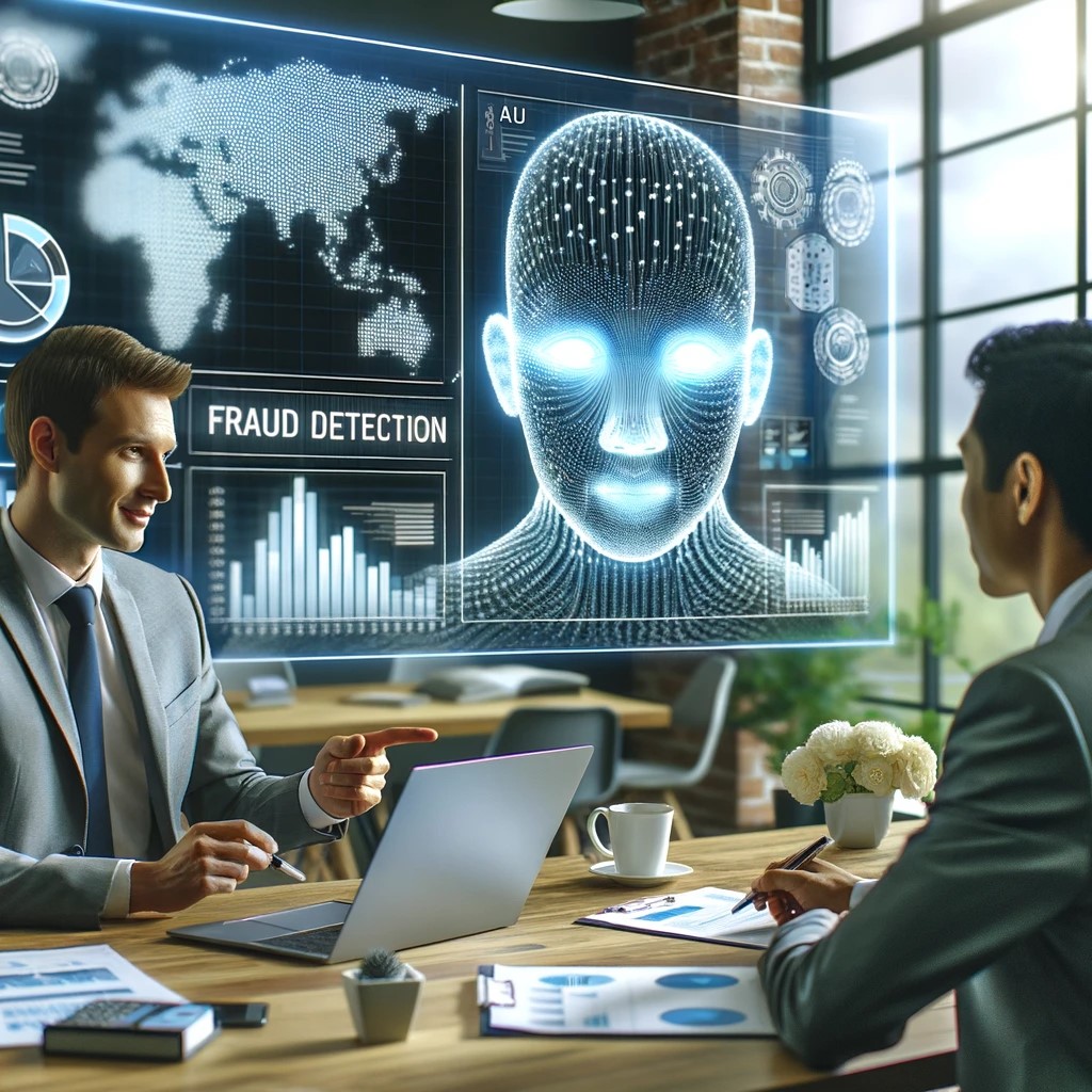 DALL·E 2024-05-29 17.24.54 - An image showing a financial advisor explaining the role of AI in fraud detection in banking to a client in a modern office setting. The screen in the