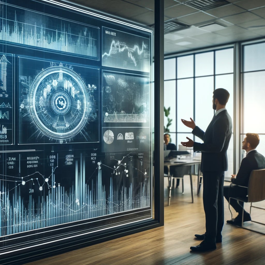 DALL·E 2024-05-29 16.46.40 - An image showing a financial advisor explaining high-frequency trading (HFT) to a client in a modern office setting. The screen in the background disp