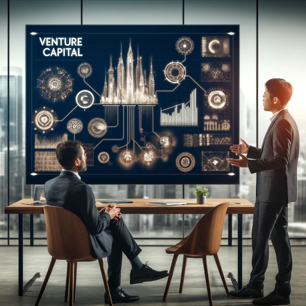 DALL·E 2024-05-29 17.39.47 - An image showing a financial advisor explaining the role of venture capital in tech startups to a client in a modern office setting. The screen in the