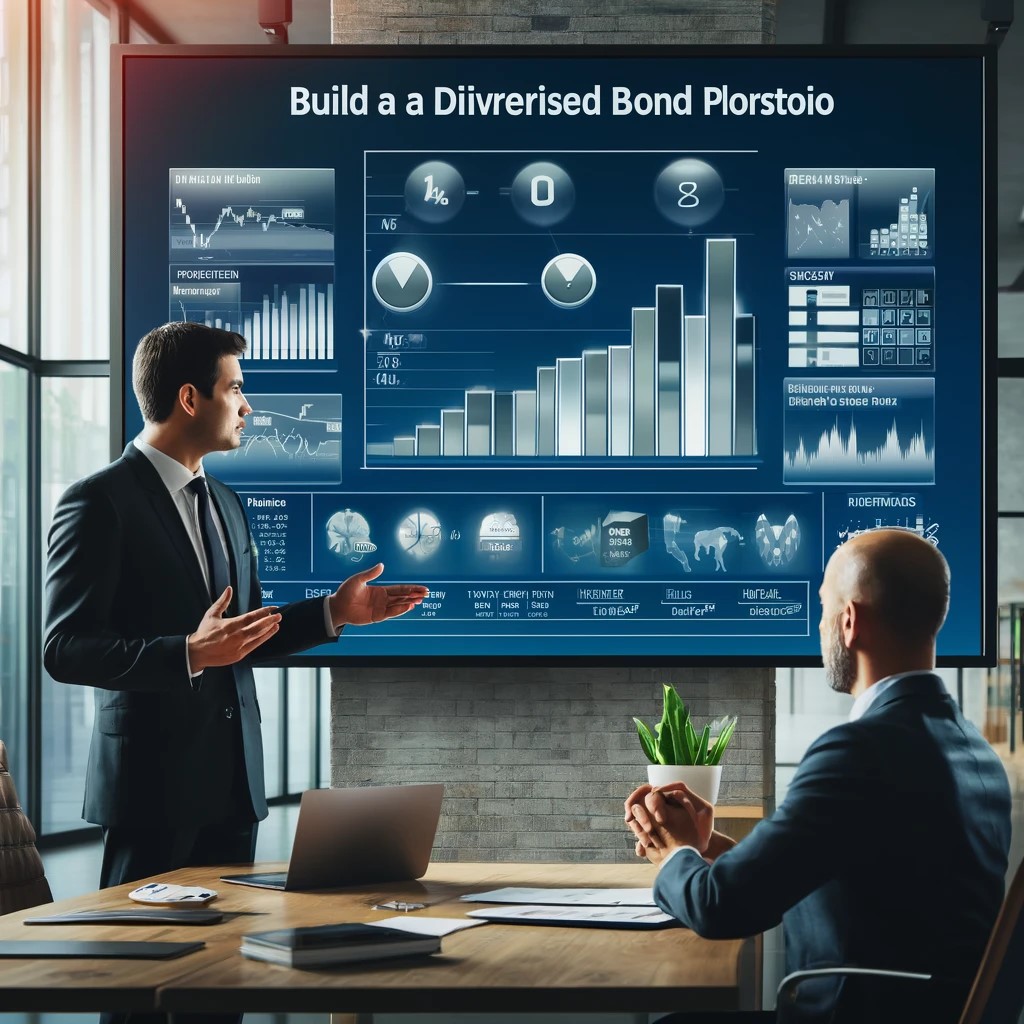 DALL·E 2024-05-29 17.15.24 - An image showing a financial advisor explaining how to build a diversified bond portfolio to a client in a modern office setting. The screen in the ba