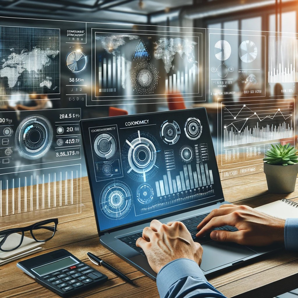 DALL·E 2024-05-29 17.02.16 - An image of a financial analyst working on a laptop with data on microfinance and economic development displayed on the screen. The screen shows vario