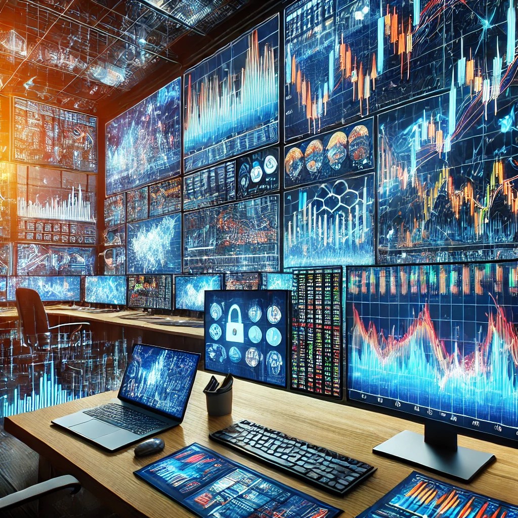 DALL·E 2024-06-28 16.10.19 - An image showing a high-frequency trading room with multiple screens displaying stock charts, algorithms, and financial data, representing the technol