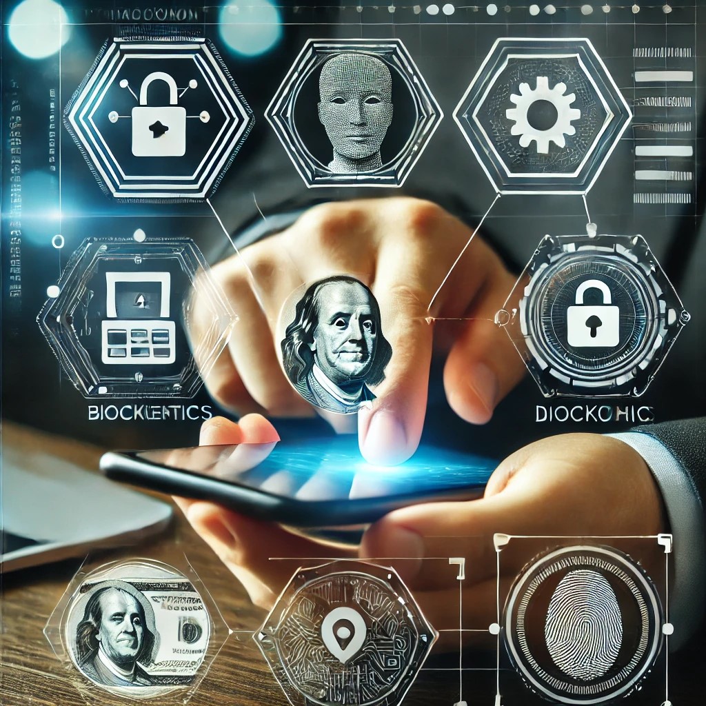 DALL·E 2024-06-28 16.07.15 - An image showing a person using a smartphone to access digital banking services with futuristic interface elements like biometrics, blockchain symbols