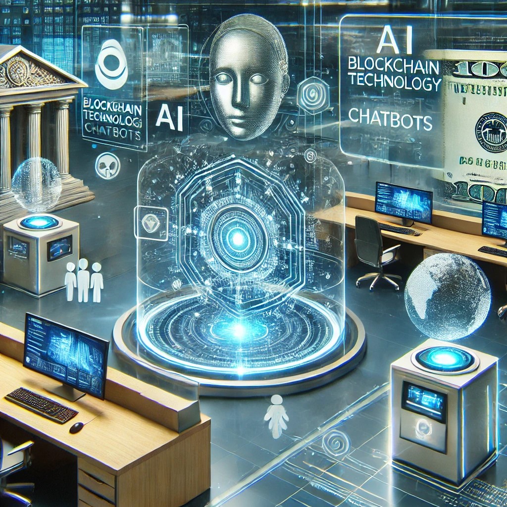 DALL·E 2024-06-28 16.07.16 - An image of a futuristic bank with a high-tech interface showing blockchain technology, AI chatbots, and holographic displays, representing the future