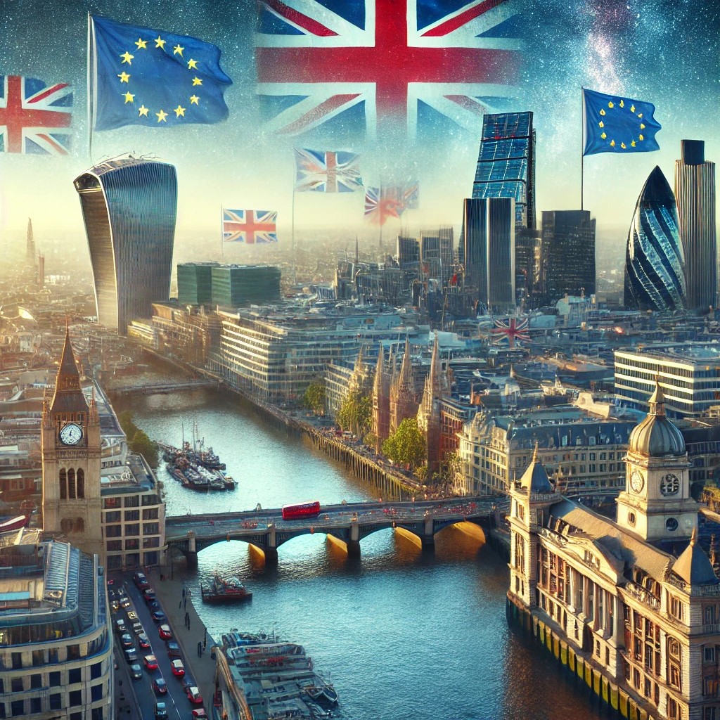 DALL·E 2024-06-28 16.34.20 - An image showing the London financial district with European Union flags and British flags, representing the impact of Brexit on financial markets