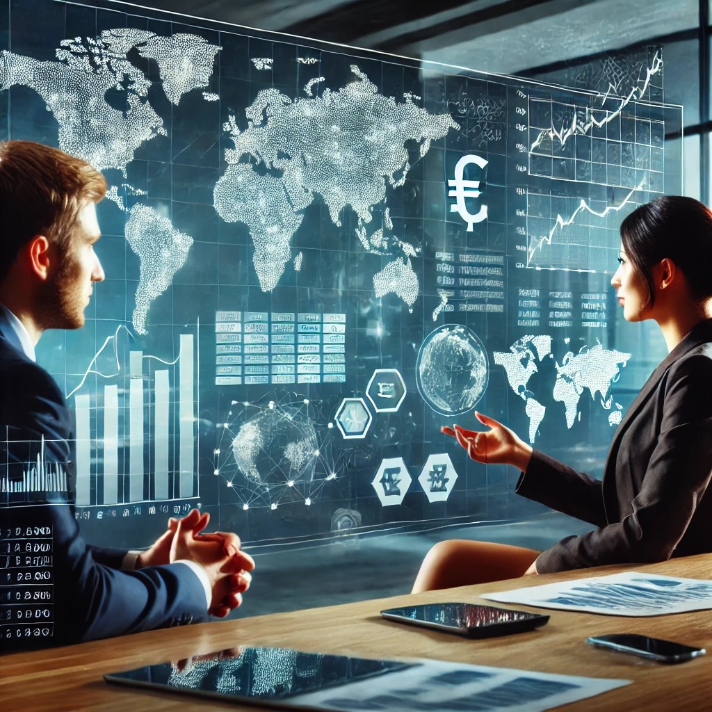 DALL·E 2024-07-30 18.22.33 - A financial analyst discussing the impact of global economic policies on currency markets with a colleague in a modern office. The setting includes ch