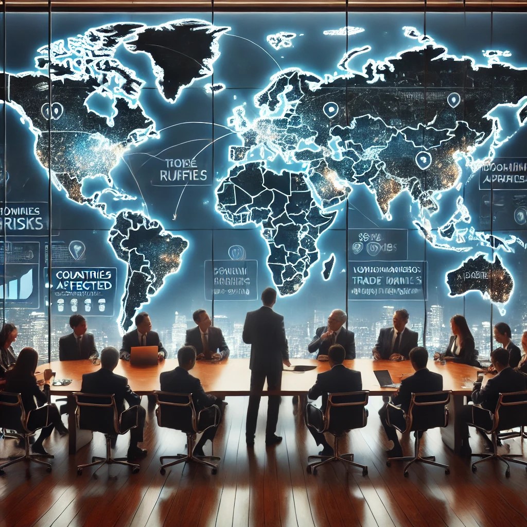 DALL·E 2024-07-09 22.39.40 - A world map in a corporate boardroom showing the impact of trade policies on different countries. The map is interactive and highlighted areas show co