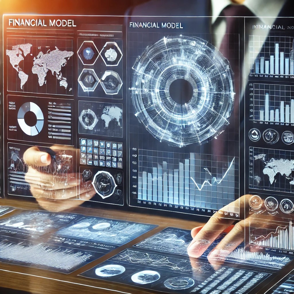 DALL·E 2024-07-30 20.35.06 - A digital interface showing a financial model with various projections and scenarios. The screen displays interactive graphs and charts, symbolizing t