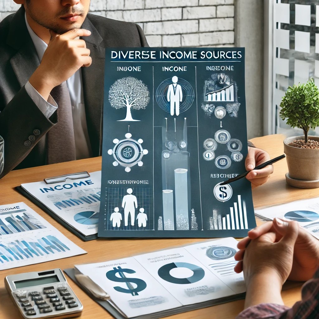 DALL·E 2024-07-30 20.50.11 - A financial advisor discussing diverse income sources with a client in a modern office. The setting includes charts, graphs, and financial documents, 