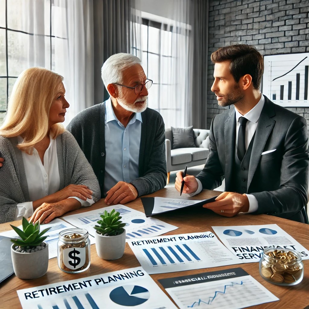 DALL·E 2024-07-30 18.18.20 - A financial advisor discussing retirement planning with an elderly couple in a modern office. The setting includes charts, graphs, and financial docum