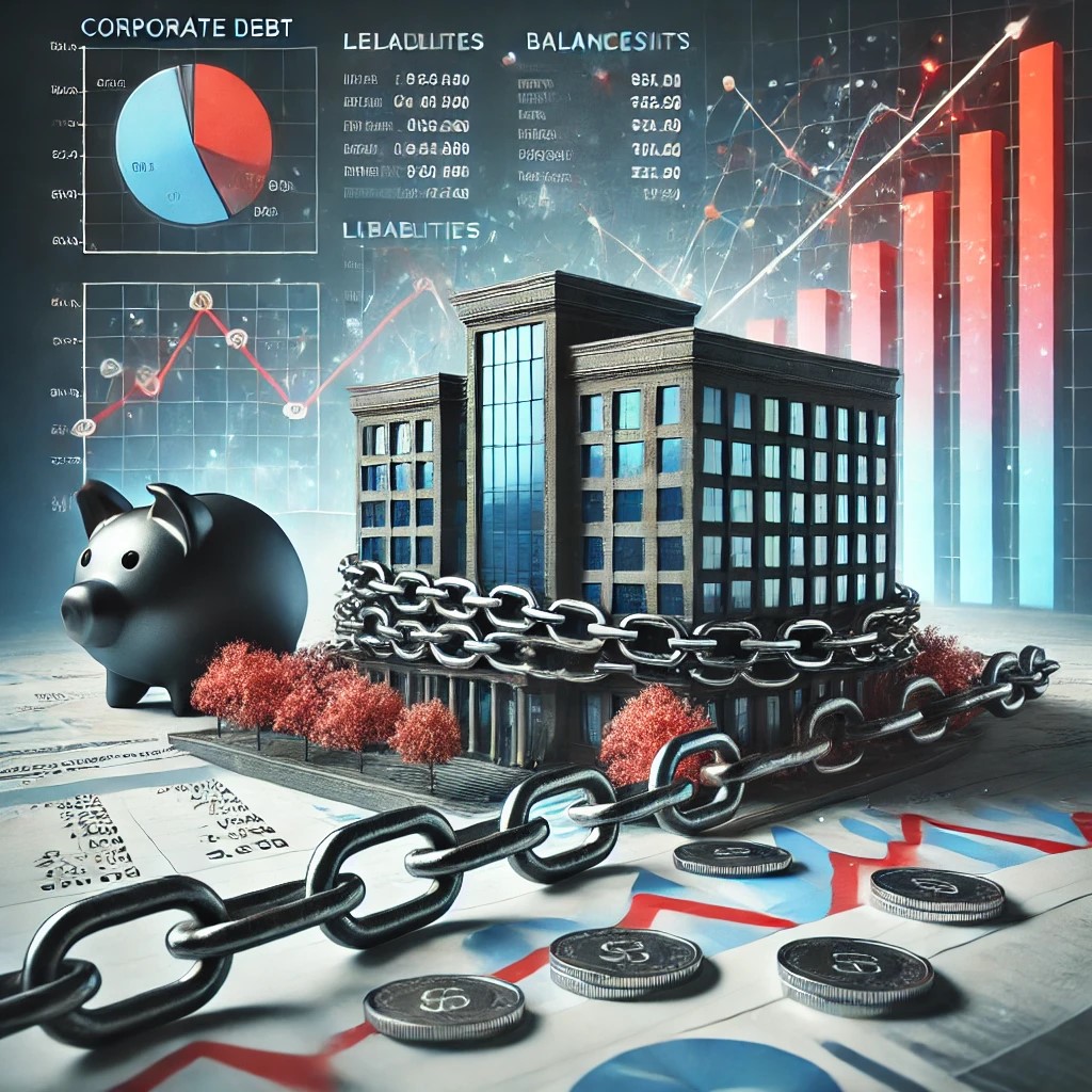 DALL·E 2024-09-02 15.26.37 - A detailed image illustrating the impact of corporate debt on the economy. The image shows a large corporate building with a heavy chain of debt wrapp