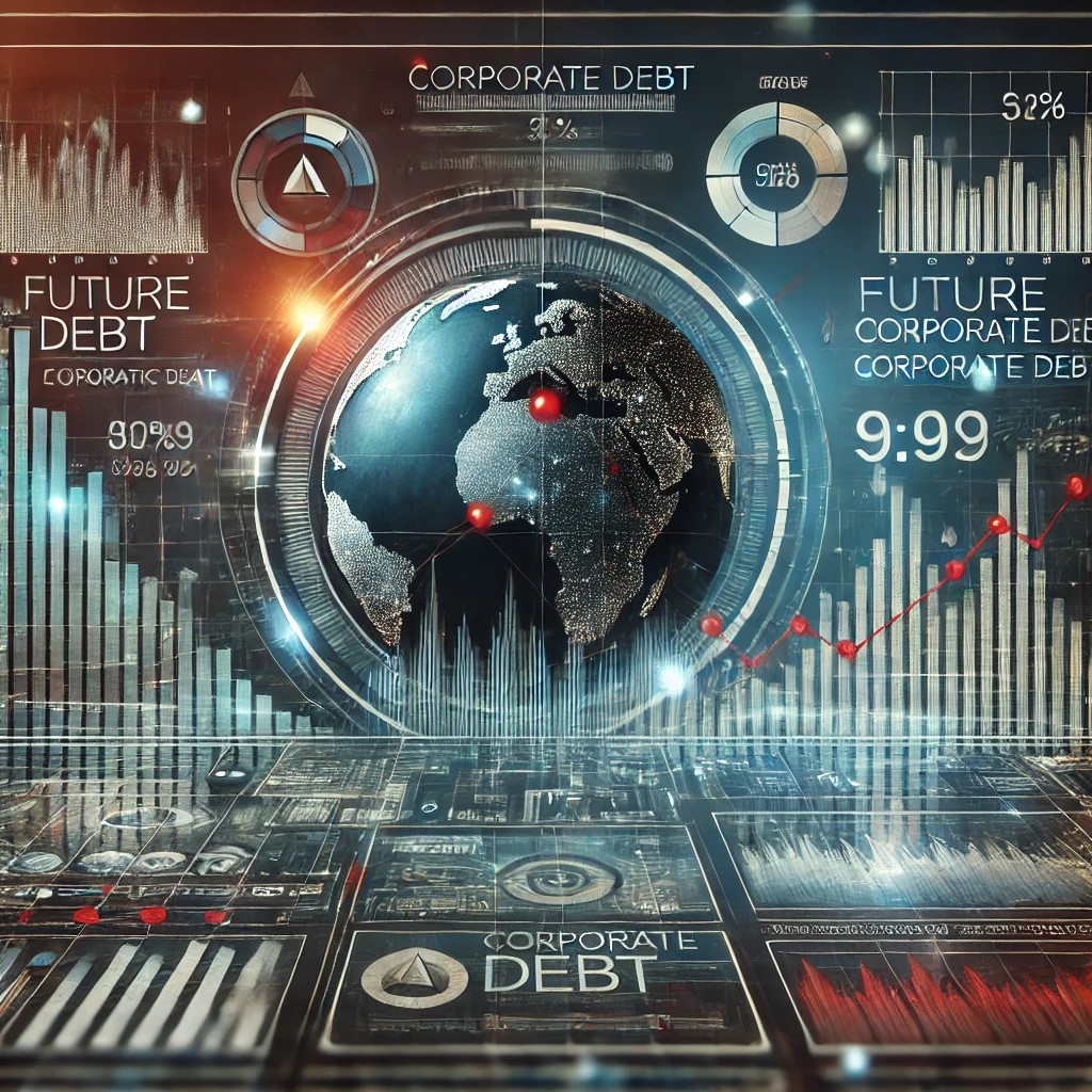 DALL·E 2024-09-02 15.26.40 - A detailed image representing the future outlook of corporate debt and its impact on the economy. The image features futuristic financial dashboards s