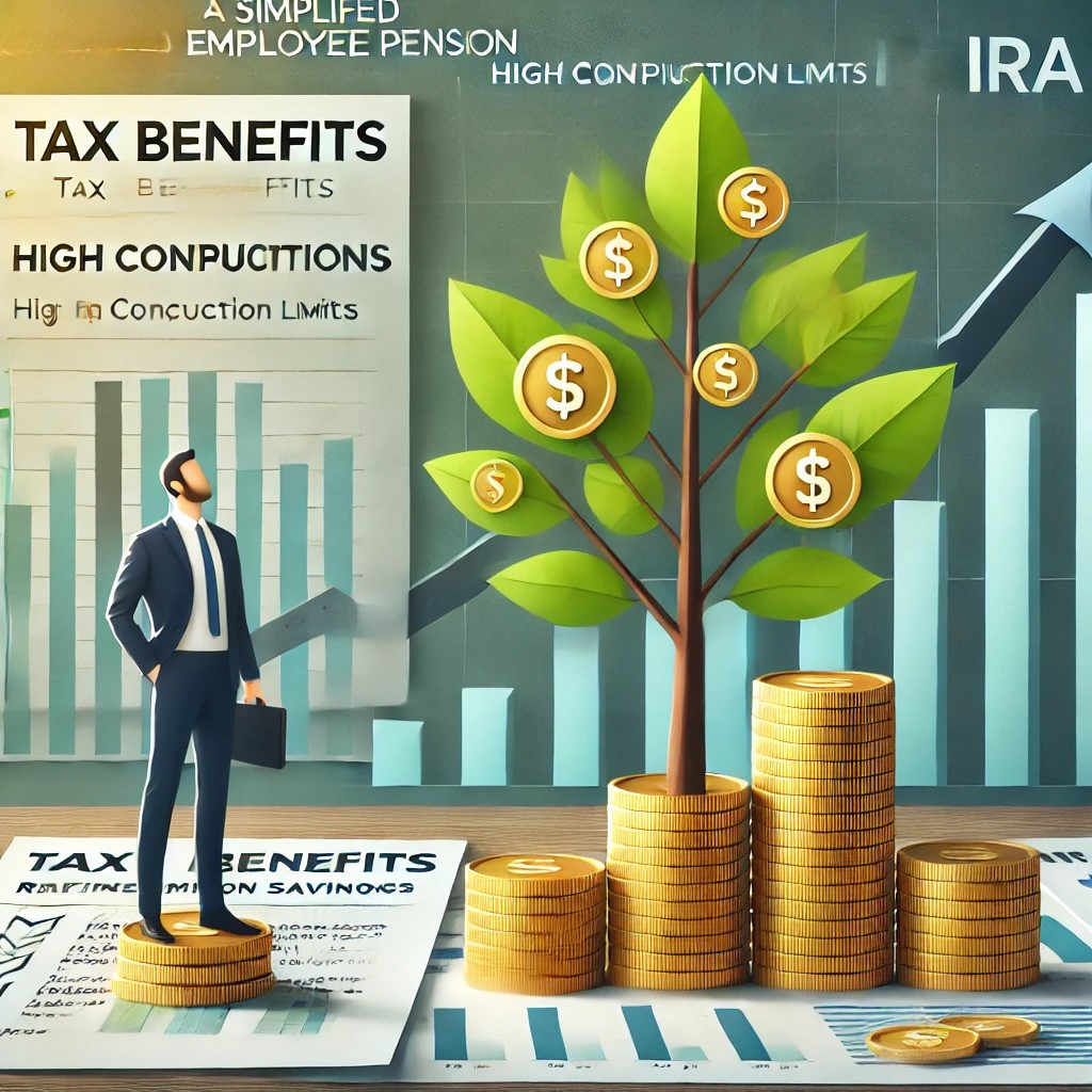 DALL·E 2024-09-02 15.39.23 - A detailed image showing the benefits of a Simplified Employee Pension (SEP) IRA. The image features a business owner standing next to a growing tree 