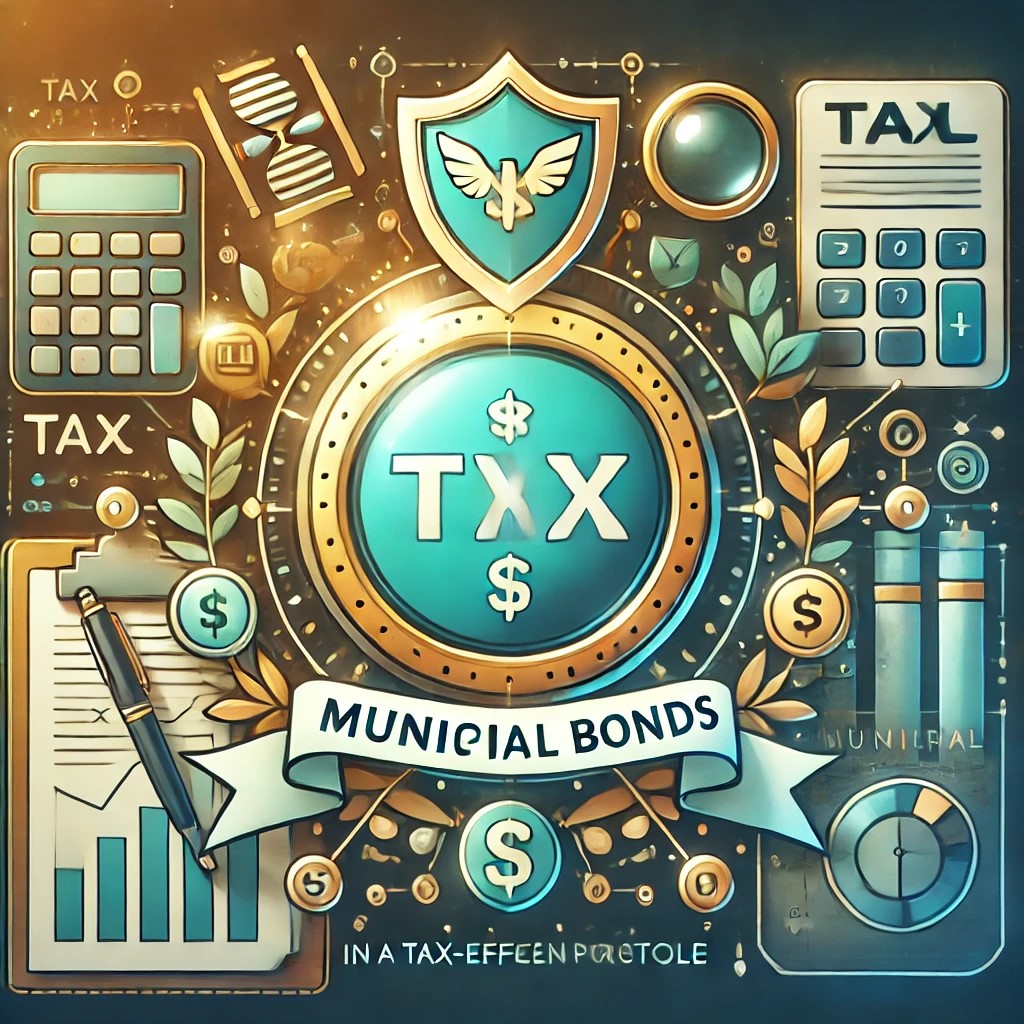 DALL·E 2024-09-01 17.07.35 - A detailed image illustrating the role of municipal bonds in a tax-efficient portfolio. The image shows a balanced portfolio with various assets, incl