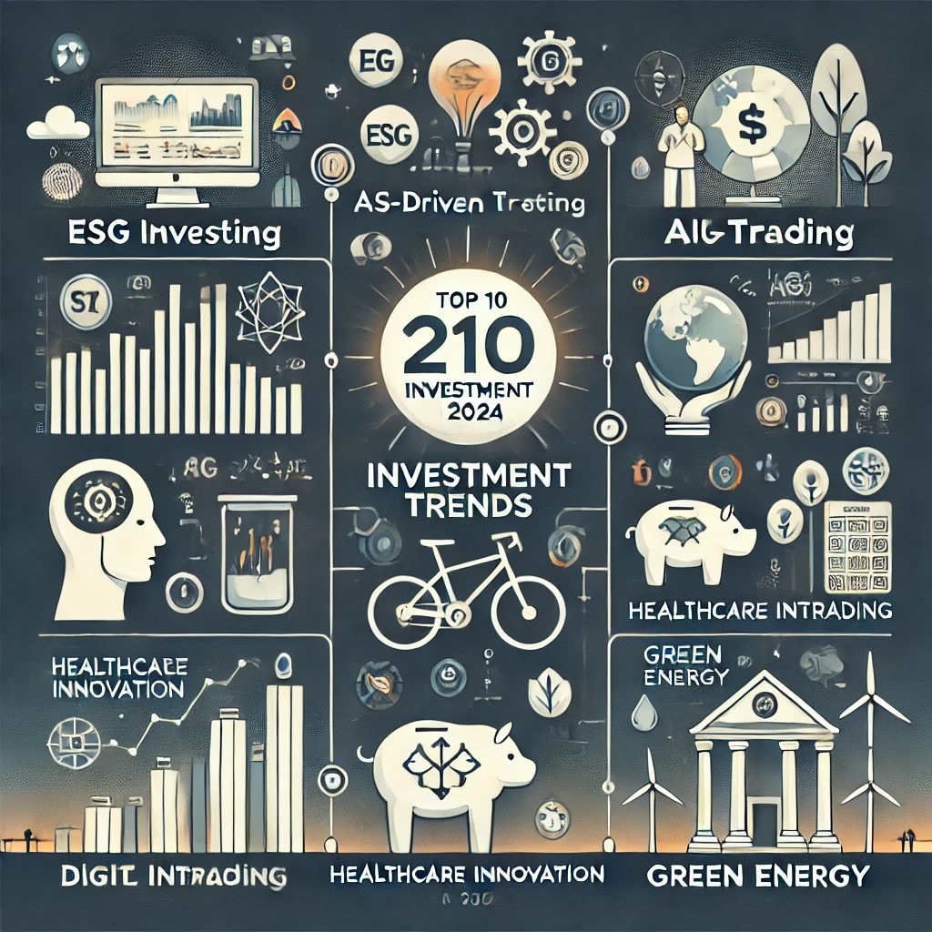 DALL·E 2024-10-21 23.09.50 - An infographic representing the top 10 investment trends in 2024, featuring categories like ESG investing, AI-driven trading, digital assets, healthca