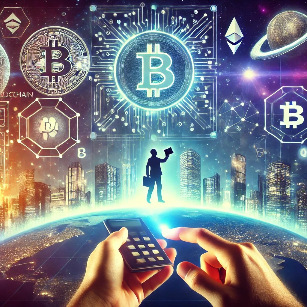 DALL·E 2024-10-21 22.58.31 - A futuristic illustration of a person making payments using cryptocurrency in a digital world. The image should depict a modern, tech-forward environm