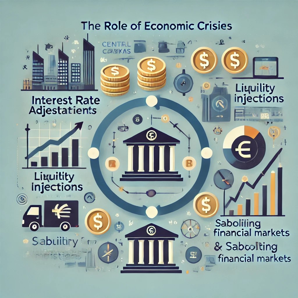 DALL·E 2024-10-21 23.15.55 - An infographic showing the role of central banks in managing economic crises. The image should feature elements like interest rate adjustments, liquid