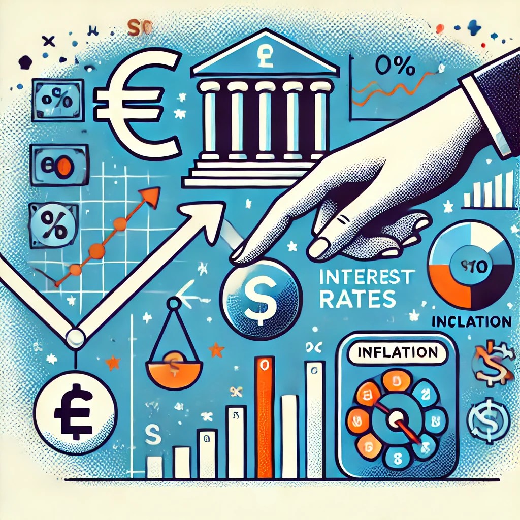 DALL·E 2024-10-21 23.16.15 - An illustration showing a central bank adjusting interest rates to manage inflation and stabilize the economy. The image should include symbols like a