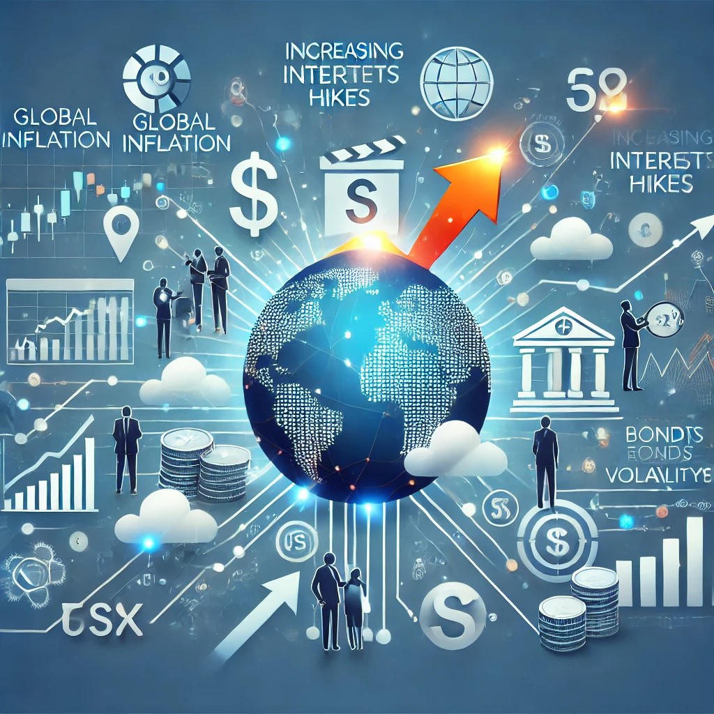 DALL·E 2024-10-21 23.12.25 - An infographic showing how global inflation rates affect financial markets. The image should depict rising inflation with icons like increasing prices