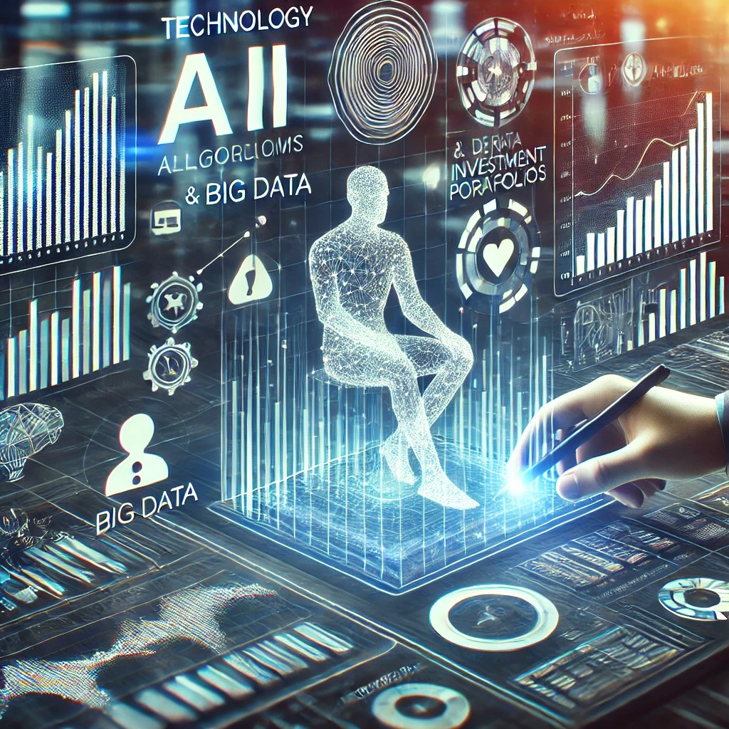 DALL·E 2024-10-21 23.06.35 - A futuristic illustration showing how technology, such as AI and big data, is used to create personalized investment portfolios. The image should depi