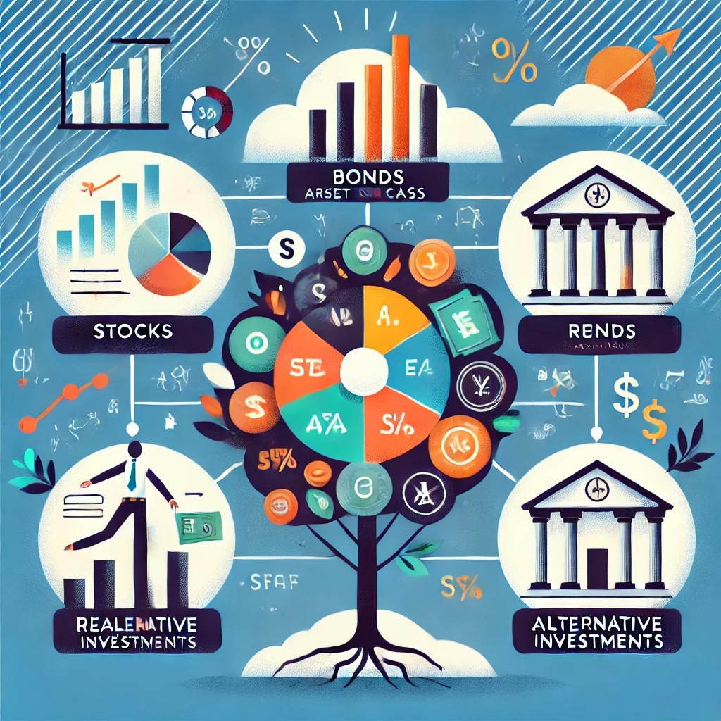 DALL·E 2024-10-21 23.06.23 - An infographic explaining the concept of a diversified investment portfolio, showing different asset classes like stocks, bonds, real estate, and alte