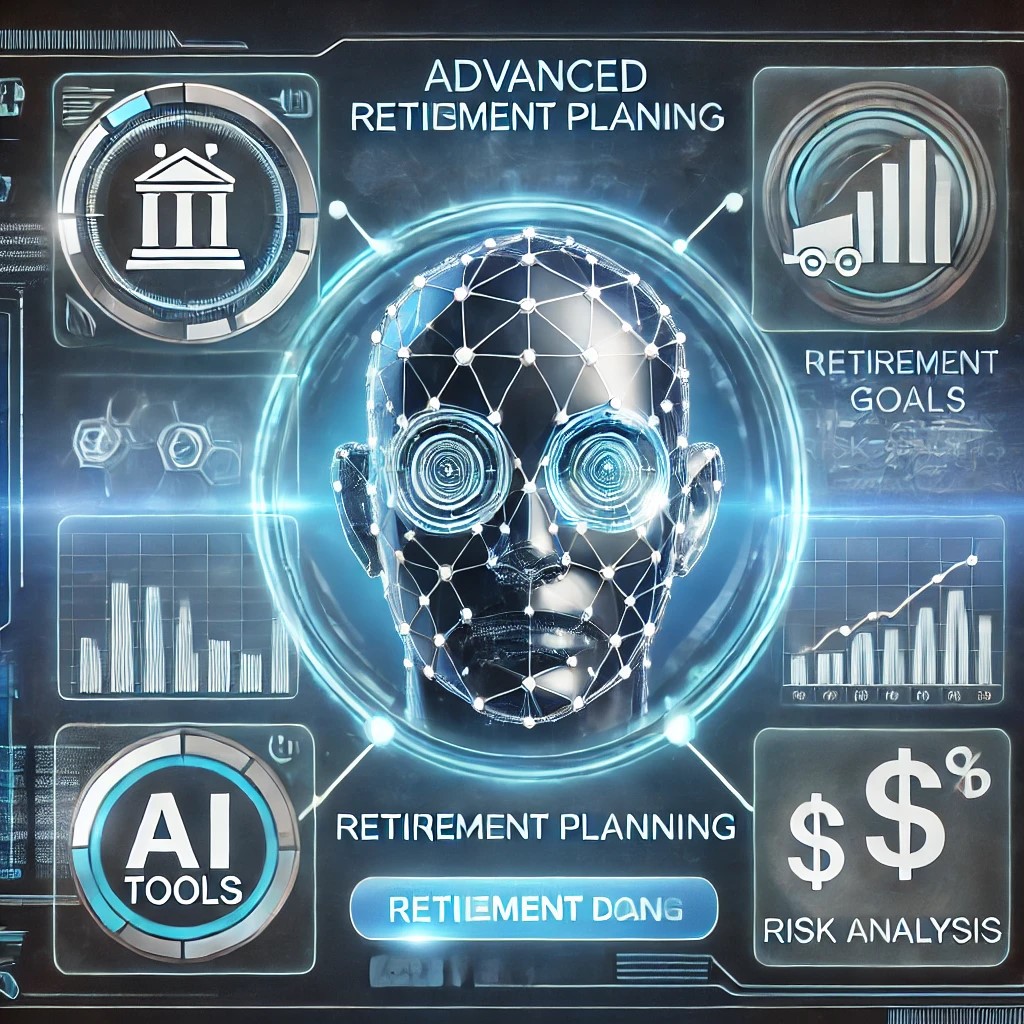 DALL·E 2024-11-20 21.13.59 - A futuristic illustration of advanced AI tools assisting in retirement planning, with holographic displays of retirement goals, financial projections,