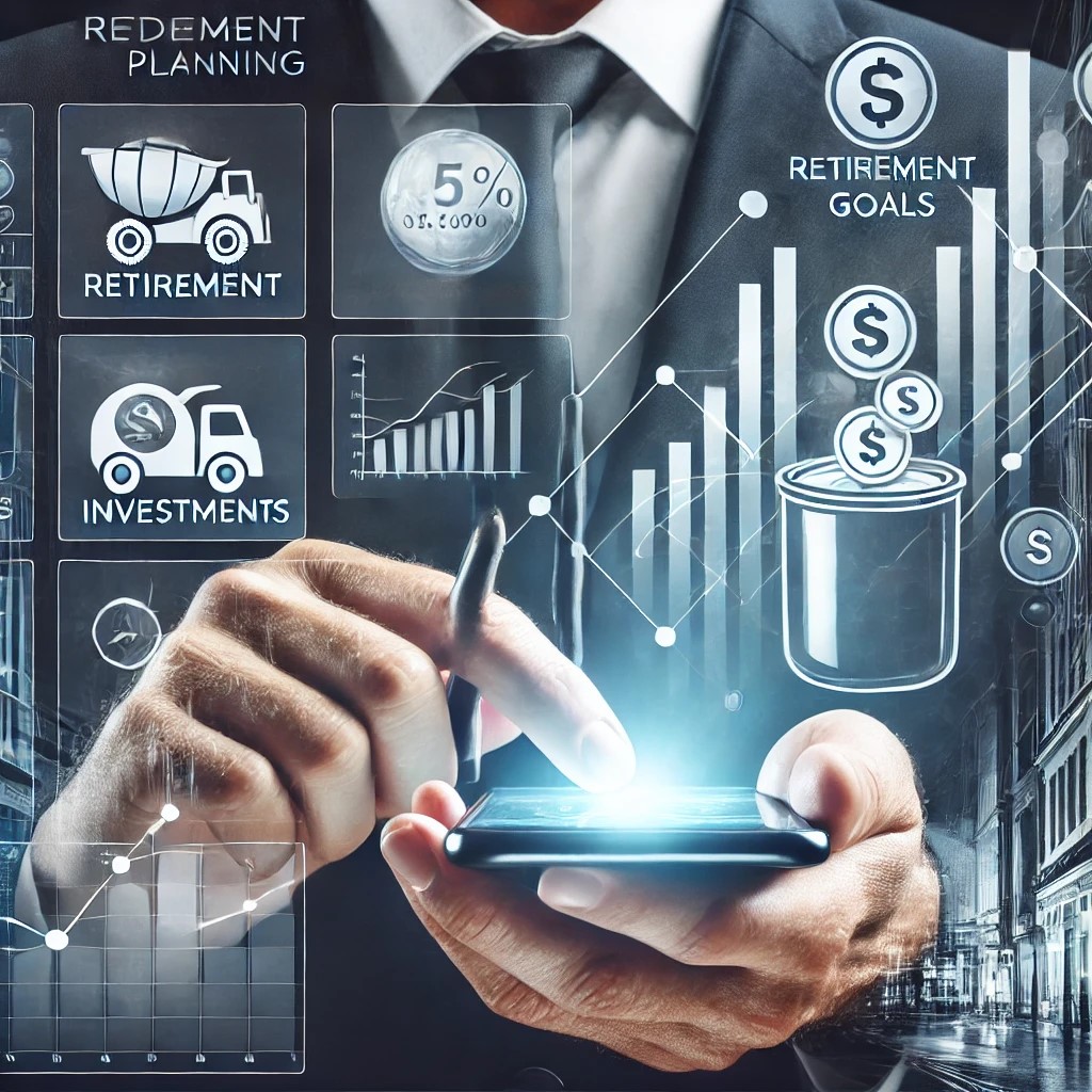 DALL·E 2024-11-20 21.13.58 - A depiction of modern tools for retirement planning, showing a person using a smartphone app to track retirement goals and investments, with charts sh