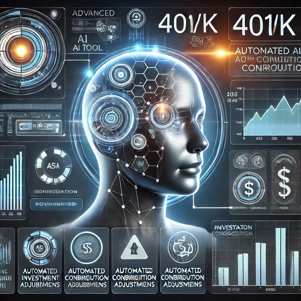 DALL·E 2024-11-20 21.34.47 - A futuristic depiction of advanced AI tools managing 401(k) contributions, featuring holographic charts of investment growth, automated contribution a