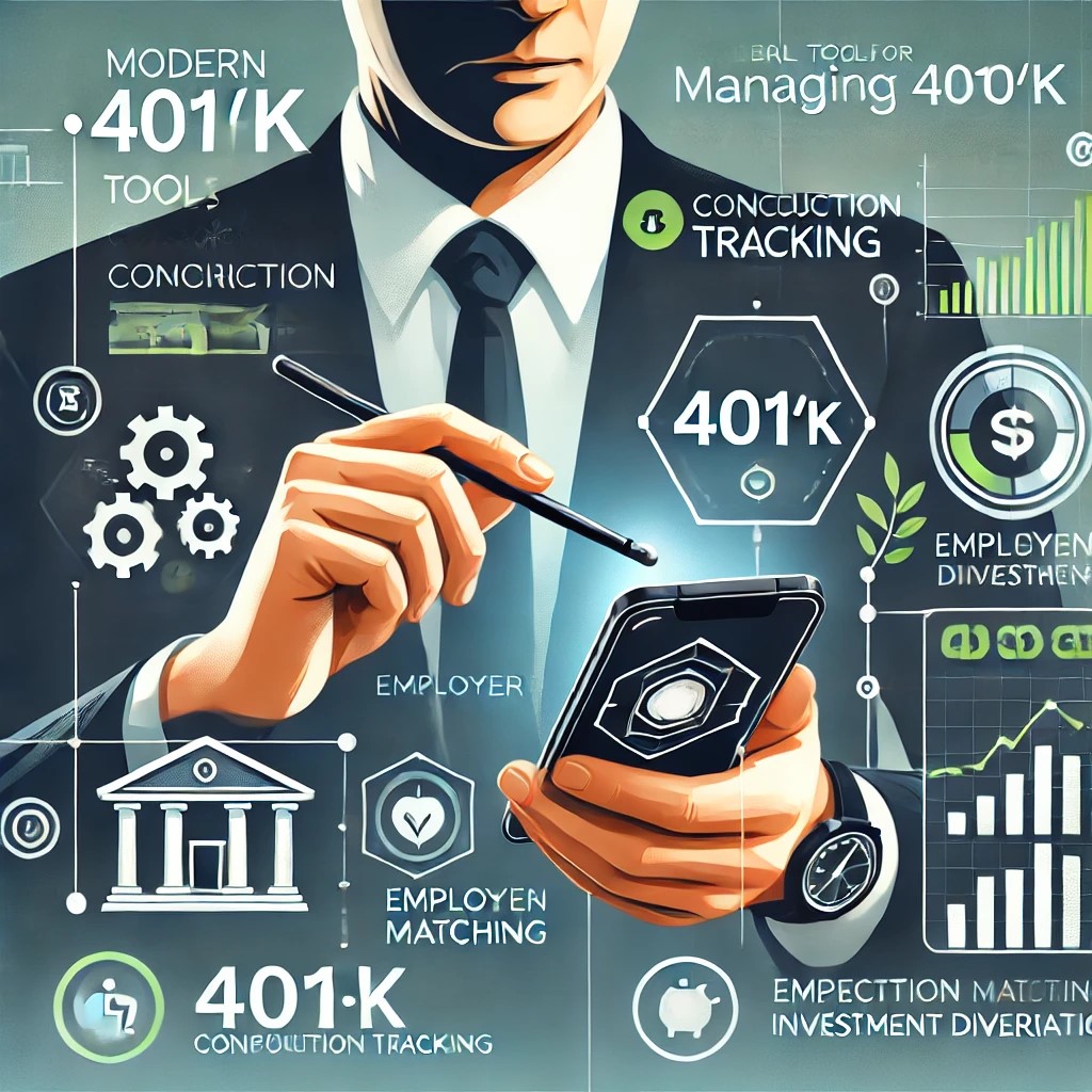 DALL·E 2024-11-20 21.34.46 - A visual representation of modern tools for managing 401(k) accounts, showing a person using a smartphone app with features for contribution tracking,