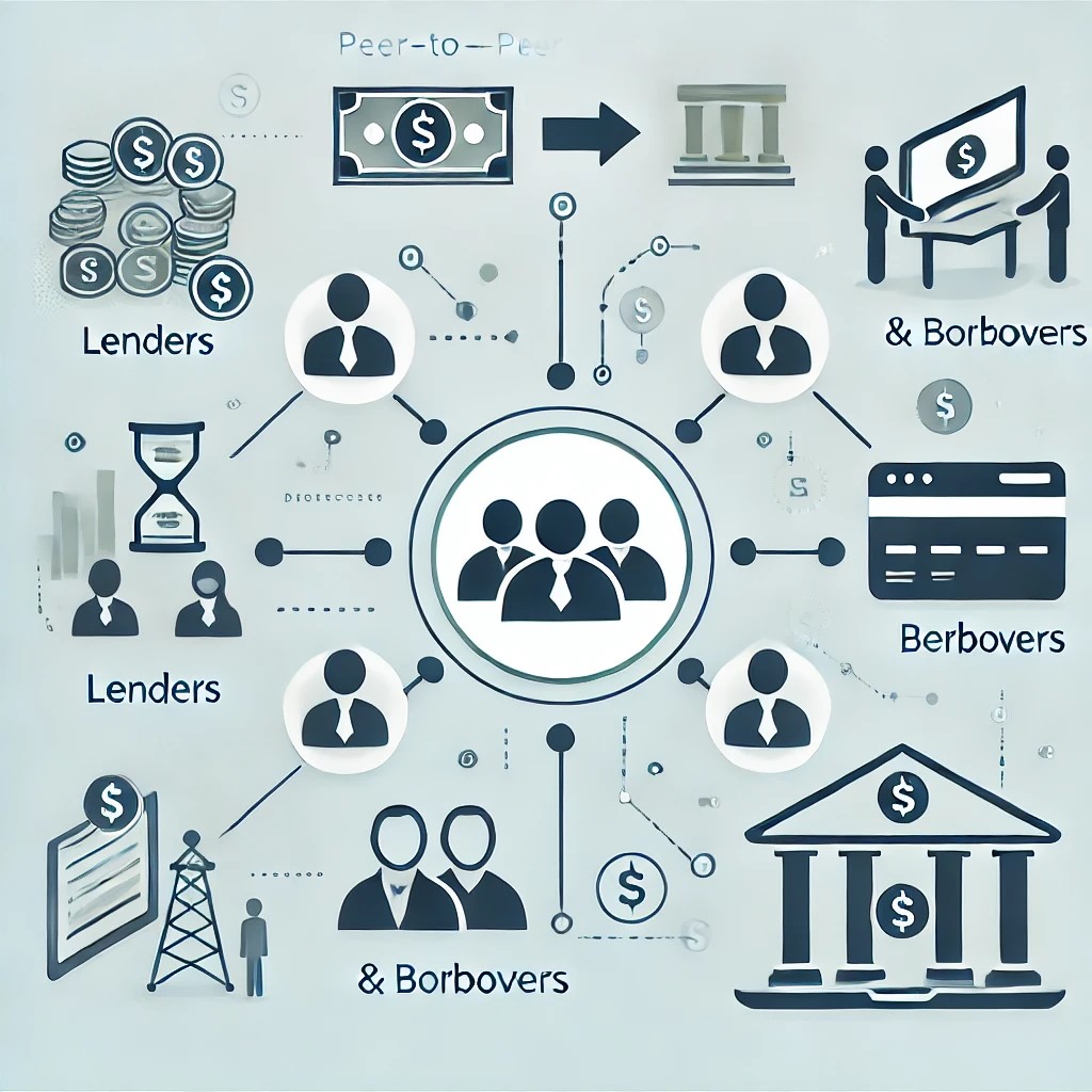 DALL·E 2024-11-20 21.39.03 - An educational illustration of Peer-to-Peer Lending, featuring a direct connection between lenders and borrowers, with icons of people, money flow, an