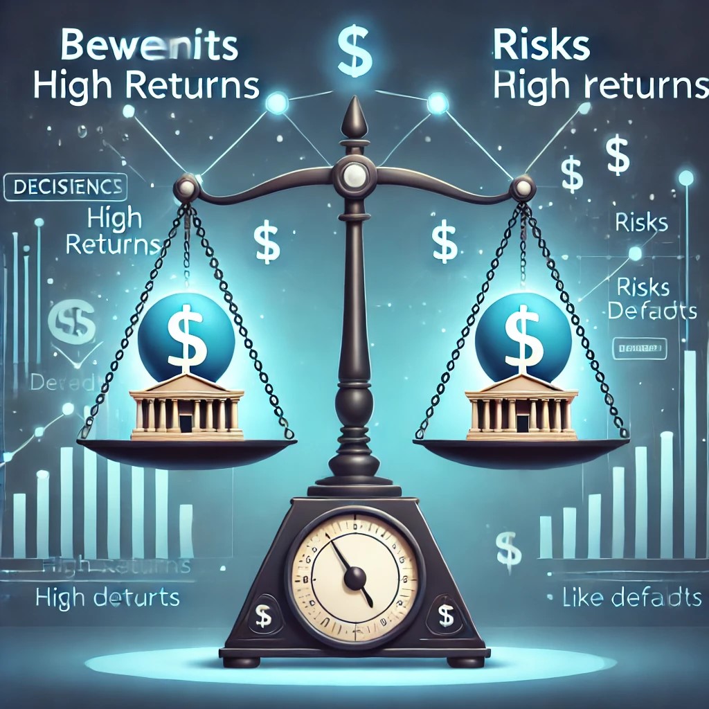 DALL·E 2024-11-20 21.39.05 - An illustration showing the benefits and risks of Peer-to-Peer Lending, featuring scales balancing rewards like high returns and risks like defaults, 