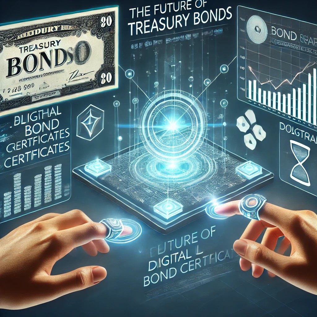 DALL·E 2024-11-20 21.23.56 - A futuristic illustration showing the future of Treasury Bonds with blockchain integration, digital bond certificates, and holographic financial analy