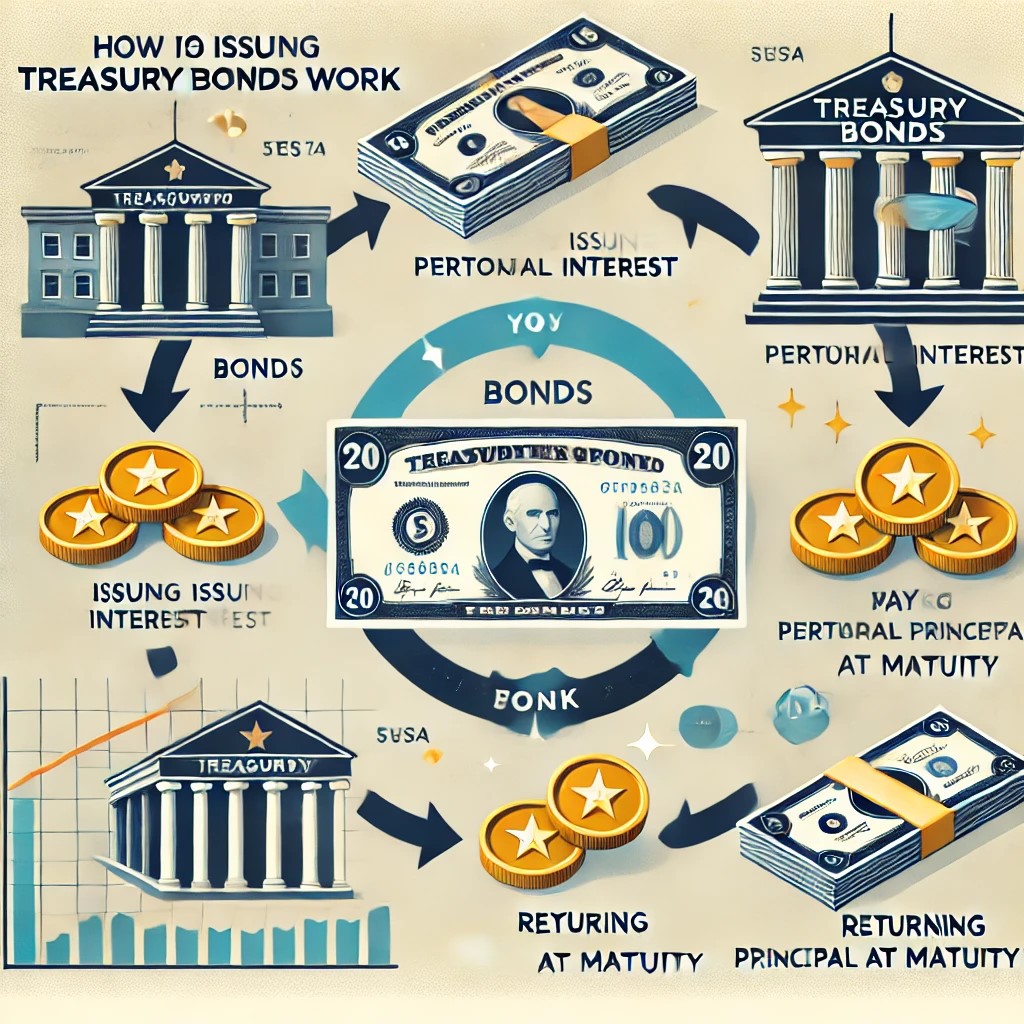 DALL·E 2024-11-20 21.23.55 - A depiction of how Treasury Bonds work, showing the cycle of issuing bonds, paying periodic interest, and returning principal at maturity. Includes vi