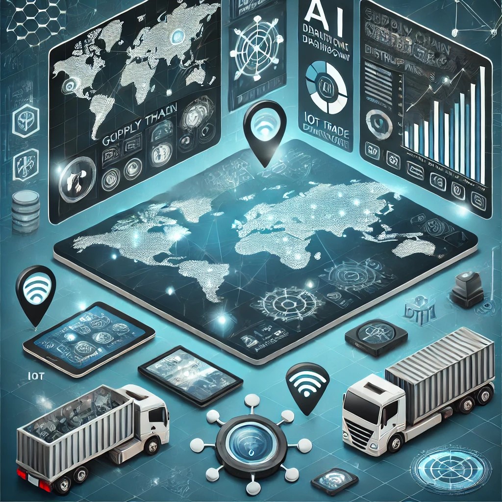 DALL·E 2024-11-20 21.59.57 - An illustration showing modern tools for managing supply chain disruptions, featuring AI-driven dashboards, global trade maps, and IoT devices trackin