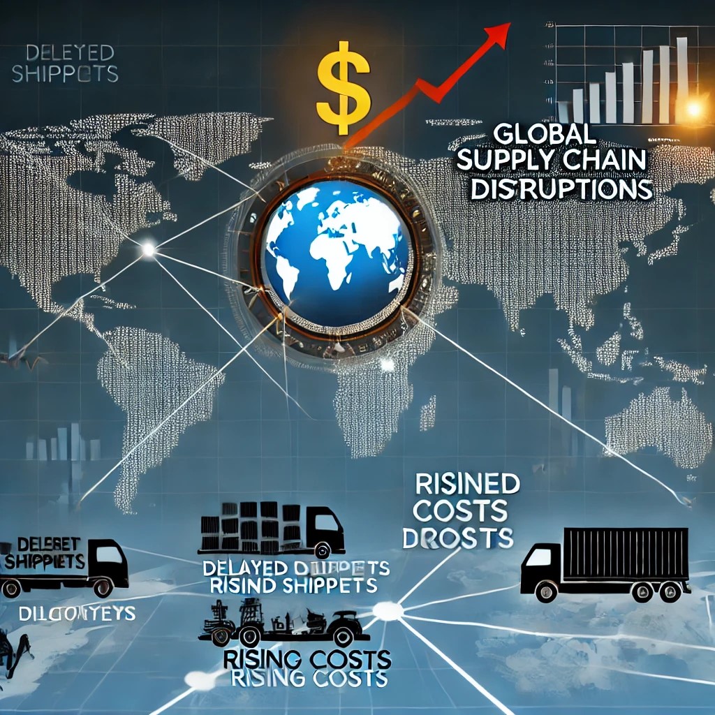 DALL·E 2024-11-20 22.02.43 - An illustration showing the economic impact of global supply chain disruptions, featuring delayed shipments, rising costs, and global trade networks. 